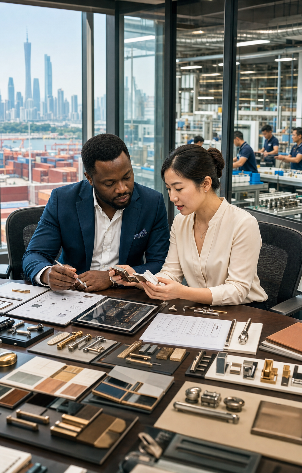 African buyer and Chinese business manager reviewing product samples